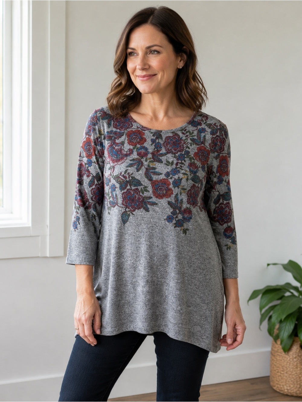 Ruby Rd. Gray Floral Scoop Neck Tunic Top